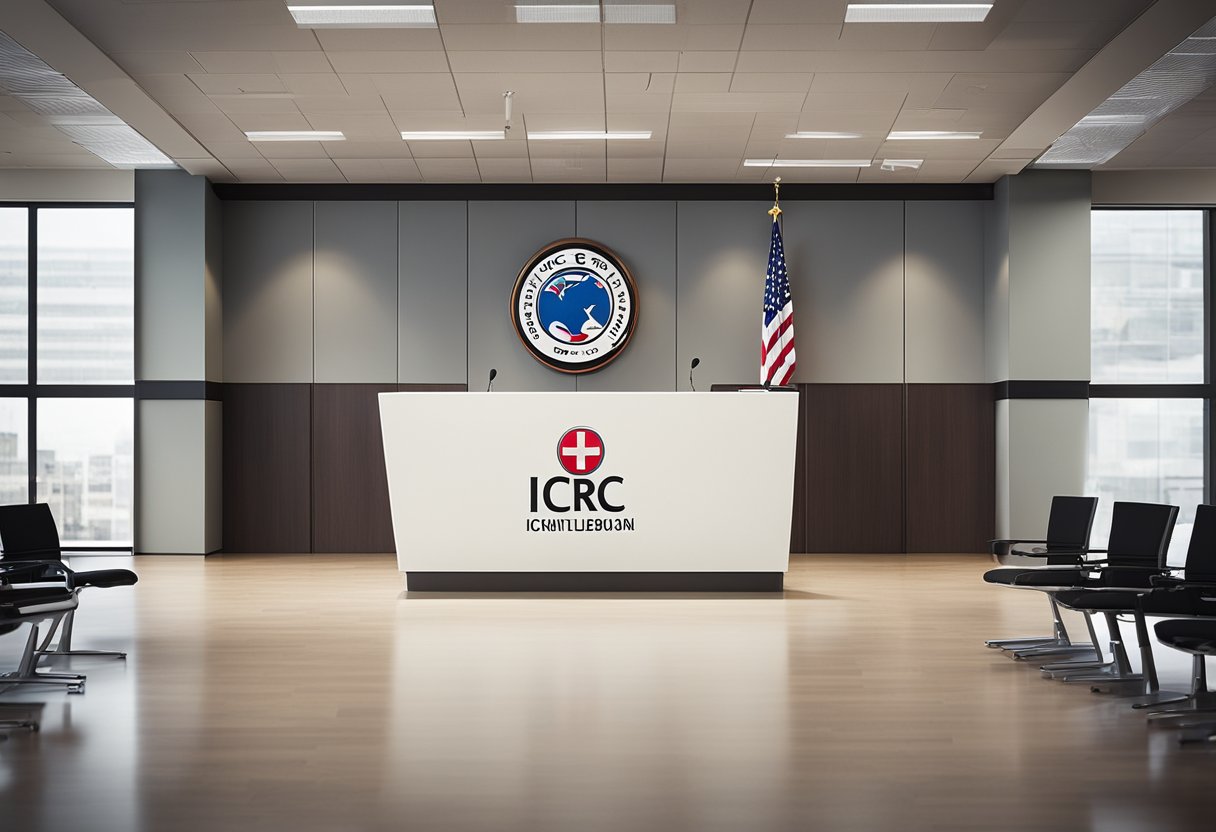 A podium stands in a modern office, with the iCRC USA logo prominently displayed. A flowchart on the wall depicts the leadership structure, with the Head of iCRC USA at the top