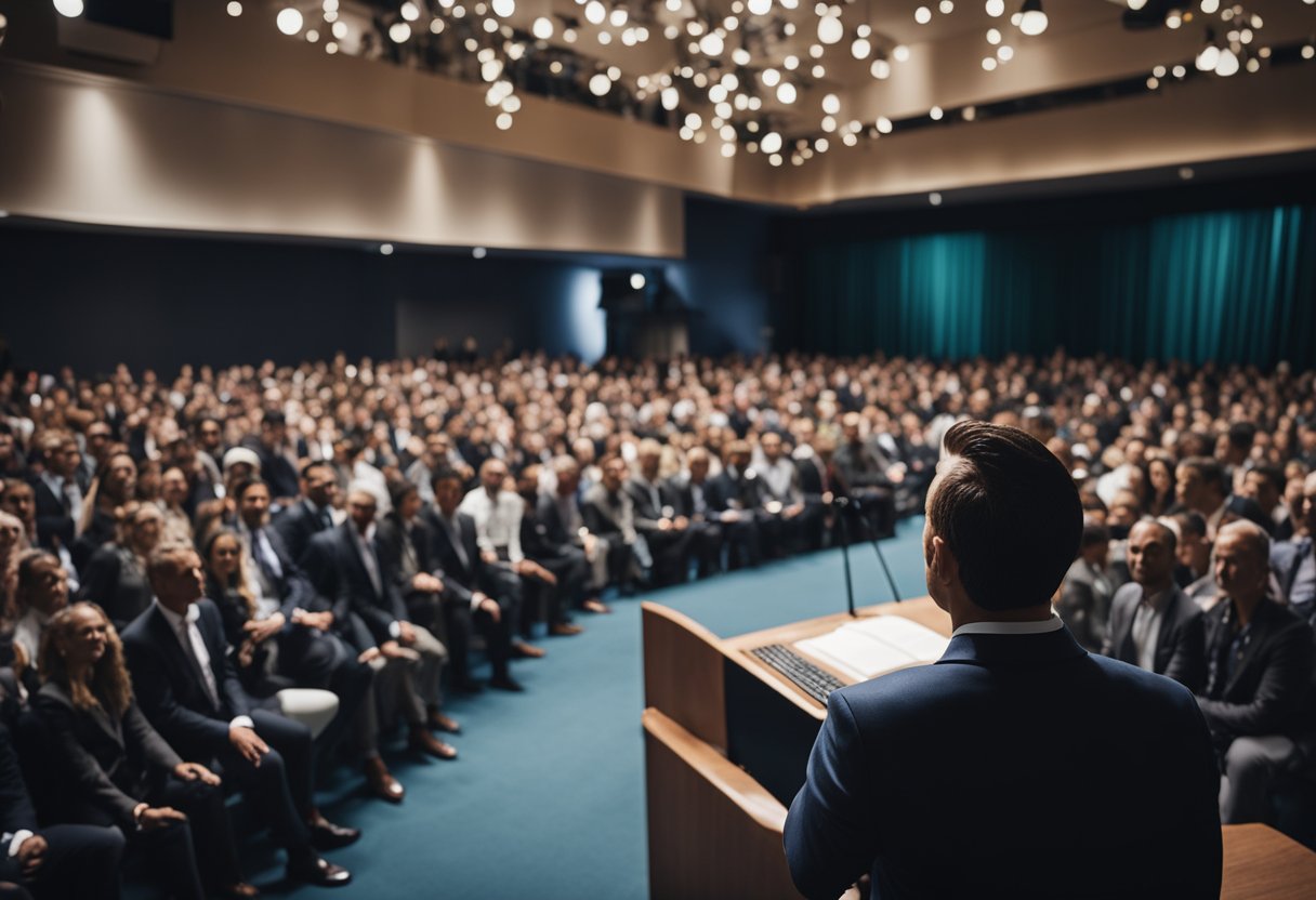 A person in a suit standing at a podium with a large audience