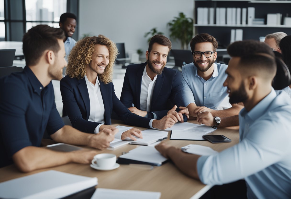 A group of professionals brainstorming, sharing ideas, and working together in a modern office setting