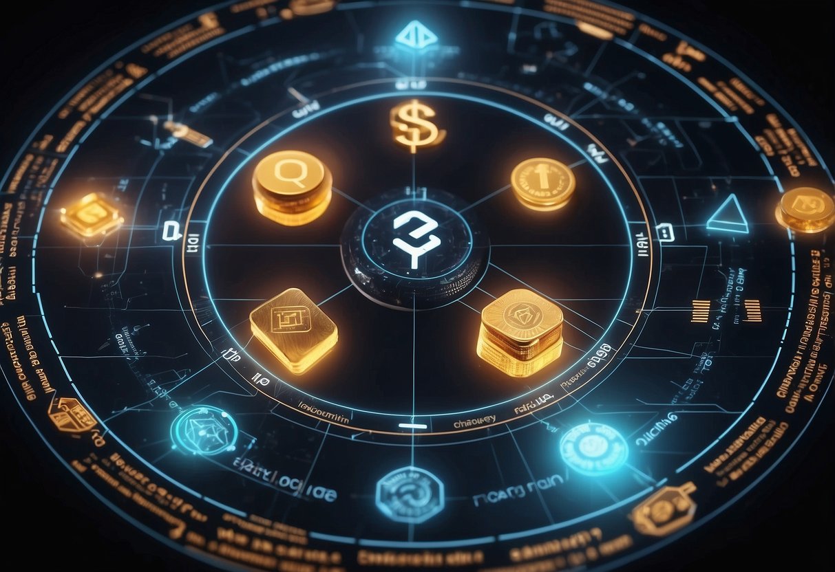 A circular economy diagram with interconnected blockchain cryptocurrency symbols