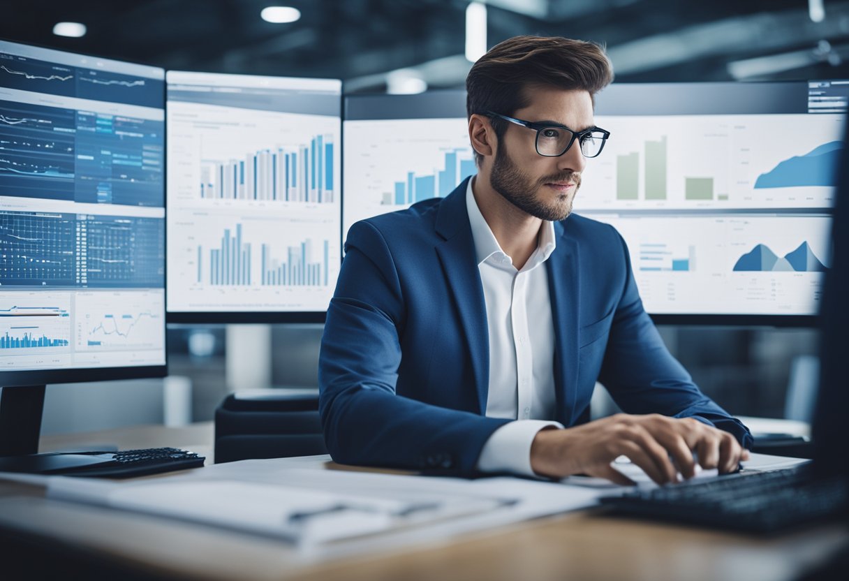 A business analyst analyzing data on a computer, surrounded by charts and graphs, with a focused expression