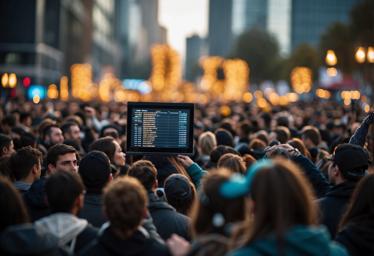 A computer screen displays a graph of fluctuating cryptocurrency values, while a group of protestors hold signs with Bitcoin logos, symbolizing resistance