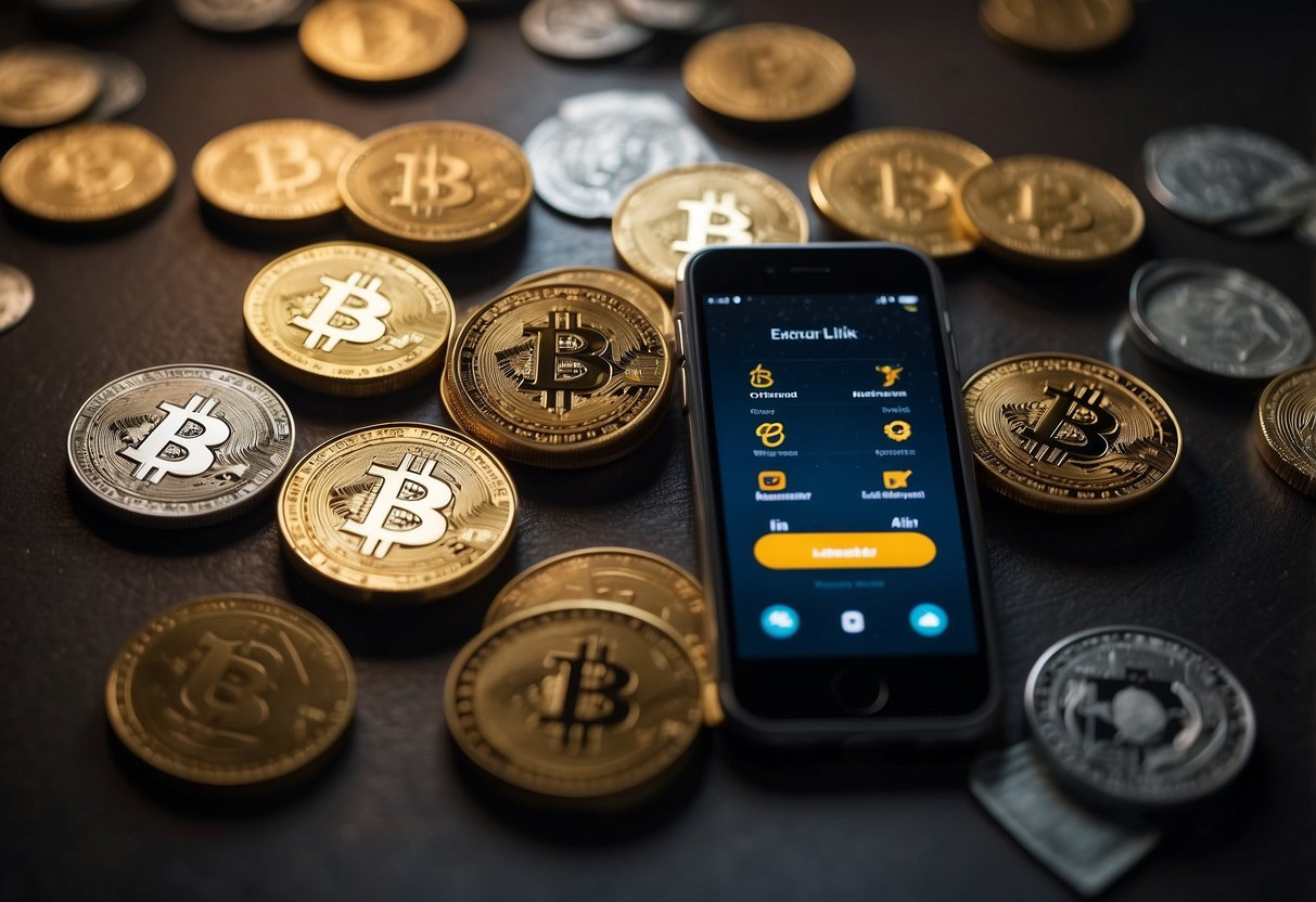 Cryptocurrencies as a tool of political resistance. A digital wallet with various cryptocurrency symbols, surrounded by protest signs and symbols of political dissent