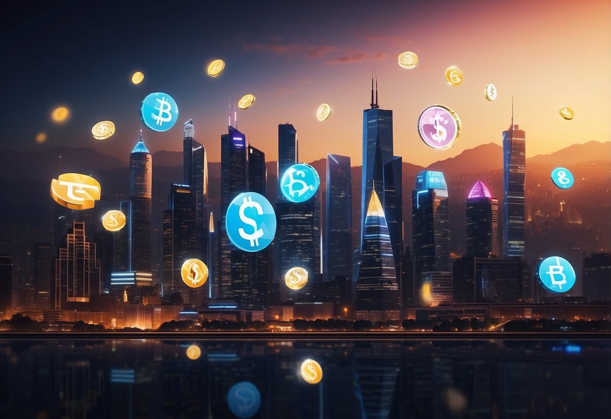 A vibrant city skyline with digital currency symbols floating above, representing the future of international commerce