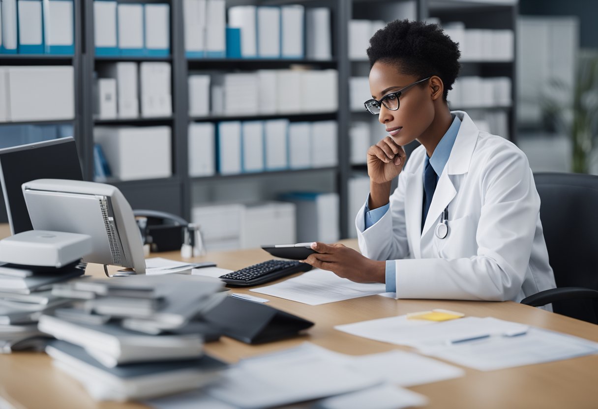 A Clinical Trial Coordinator reviews data and documents in an organized office setting, with a computer, files, and medical supplies on the desk