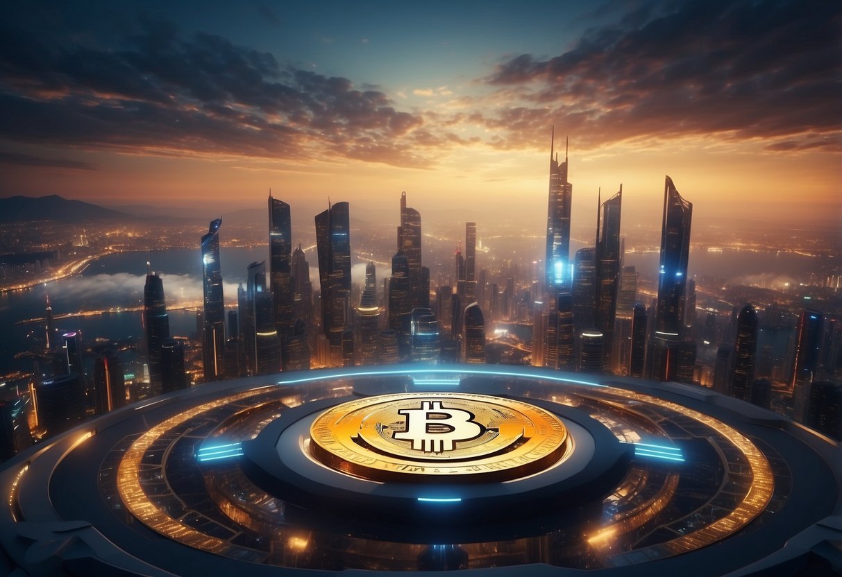 A futuristic city skyline with cryptocurrency symbols floating above entertainment venues