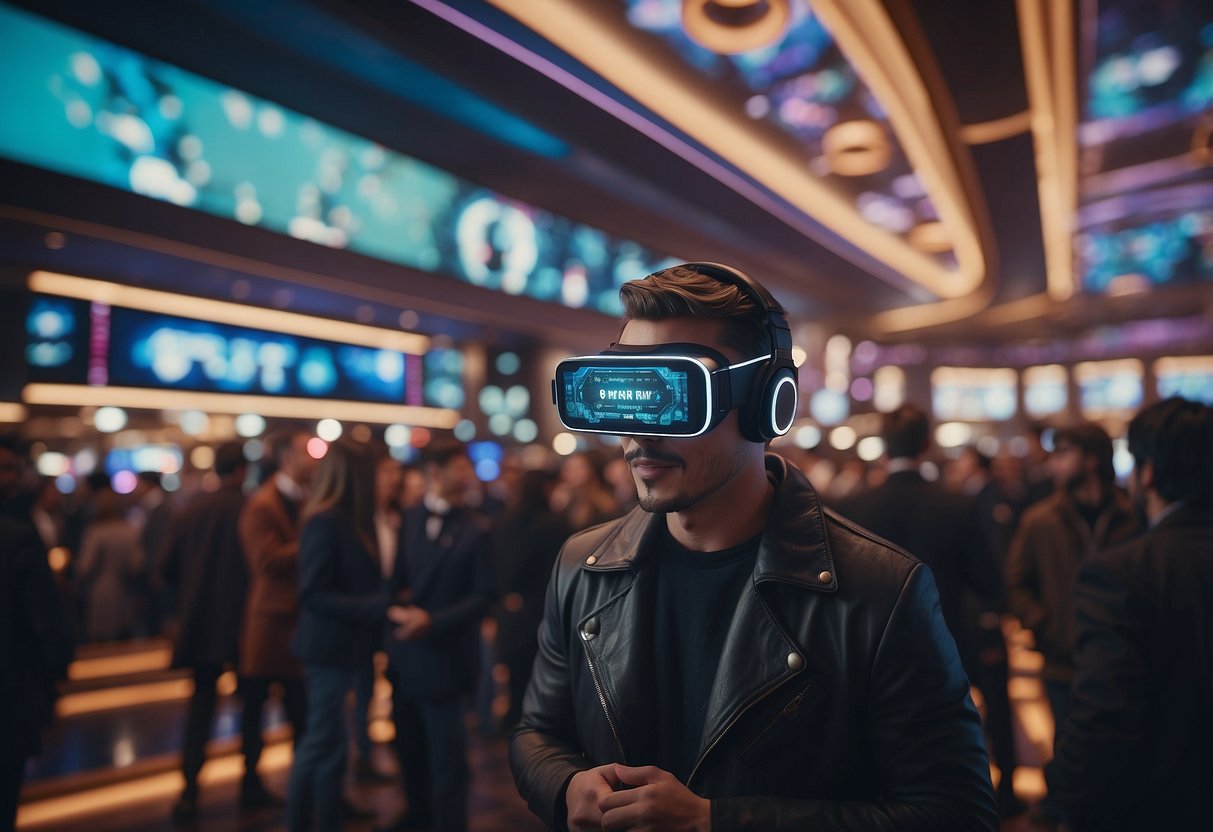 A futuristic casino with digital currency symbols, gaming consoles, and virtual reality headsets, surrounded by a bustling crowd of excited patrons