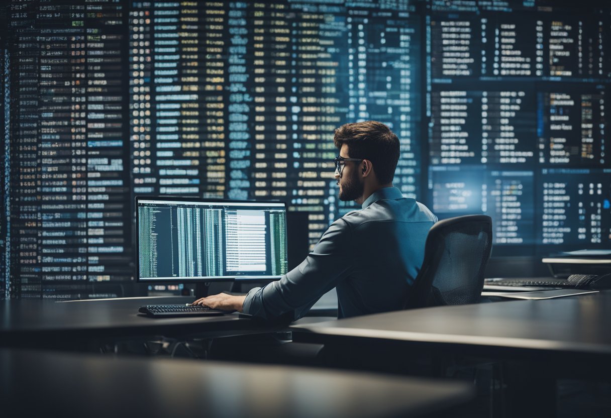 A java developer typing code on a computer with multiple screens displaying programming languages and algorithms