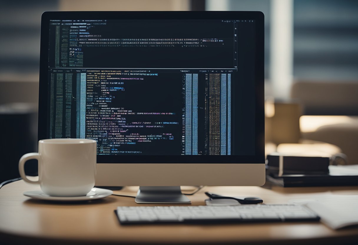 A computer with a code editor open, displaying a program written in Java. Books on Java programming and a cup of coffee on the desk