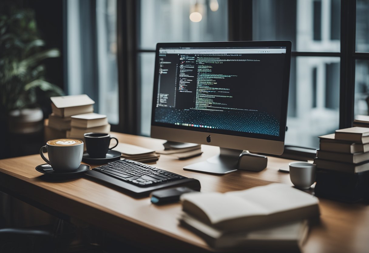 A computer with a Java IDE open, surrounded by coffee mugs, books, and coding notes