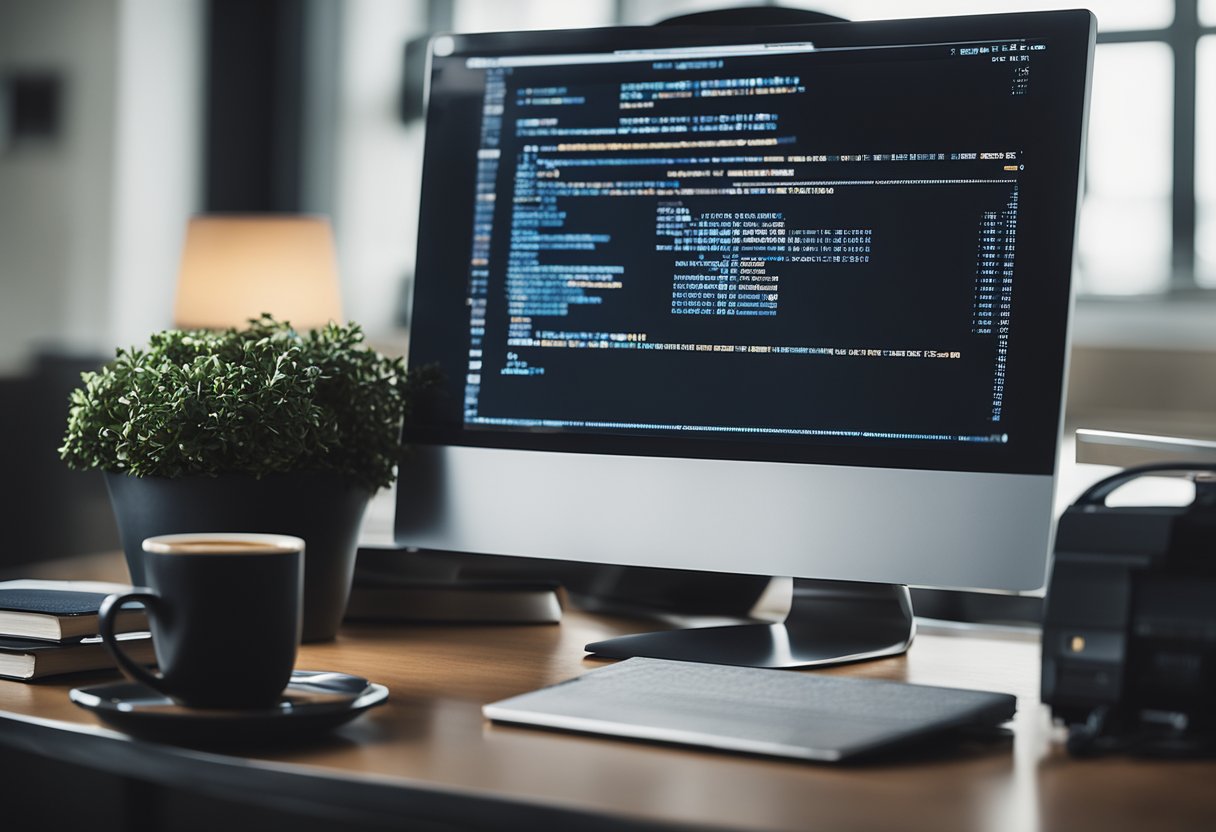 A computer screen displaying code, with a cup of coffee on the desk and a stack of programming books in the background