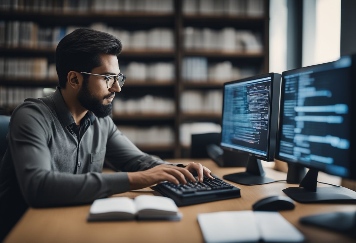 A java developer typing code on a computer, surrounded by stacks of reference books and a whiteboard filled with diagrams