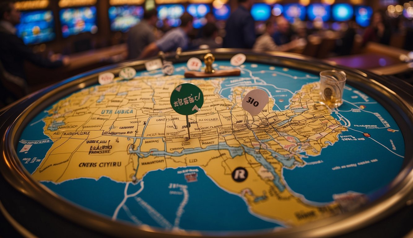 A Louisiana map with a "Sports Betting Legal" sign, surrounded by cheering sports fans and a casino in the background