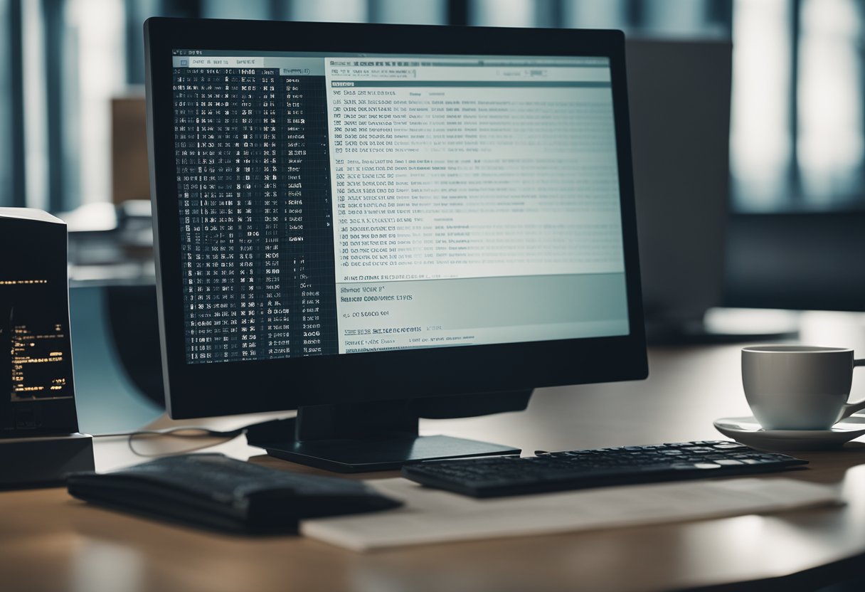 A computer screen with code on one side and a database on the other, surrounded by coffee cups and technical books