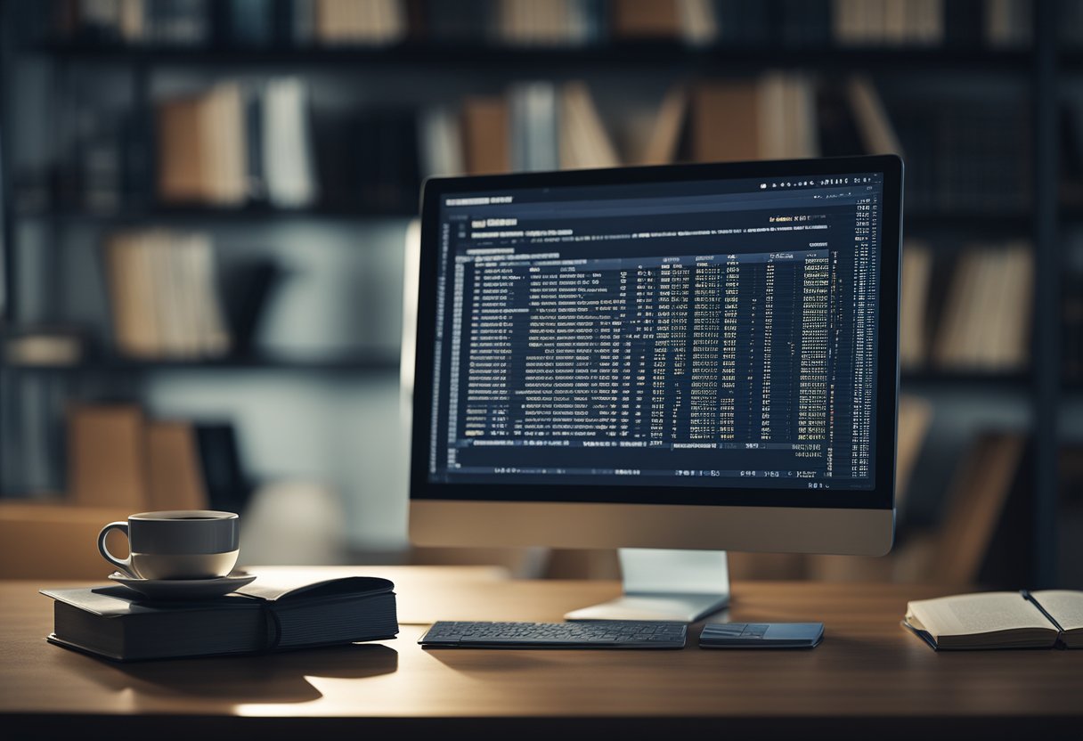 A computer screen displaying code, a coffee mug, and a stack of Java programming books on a desk