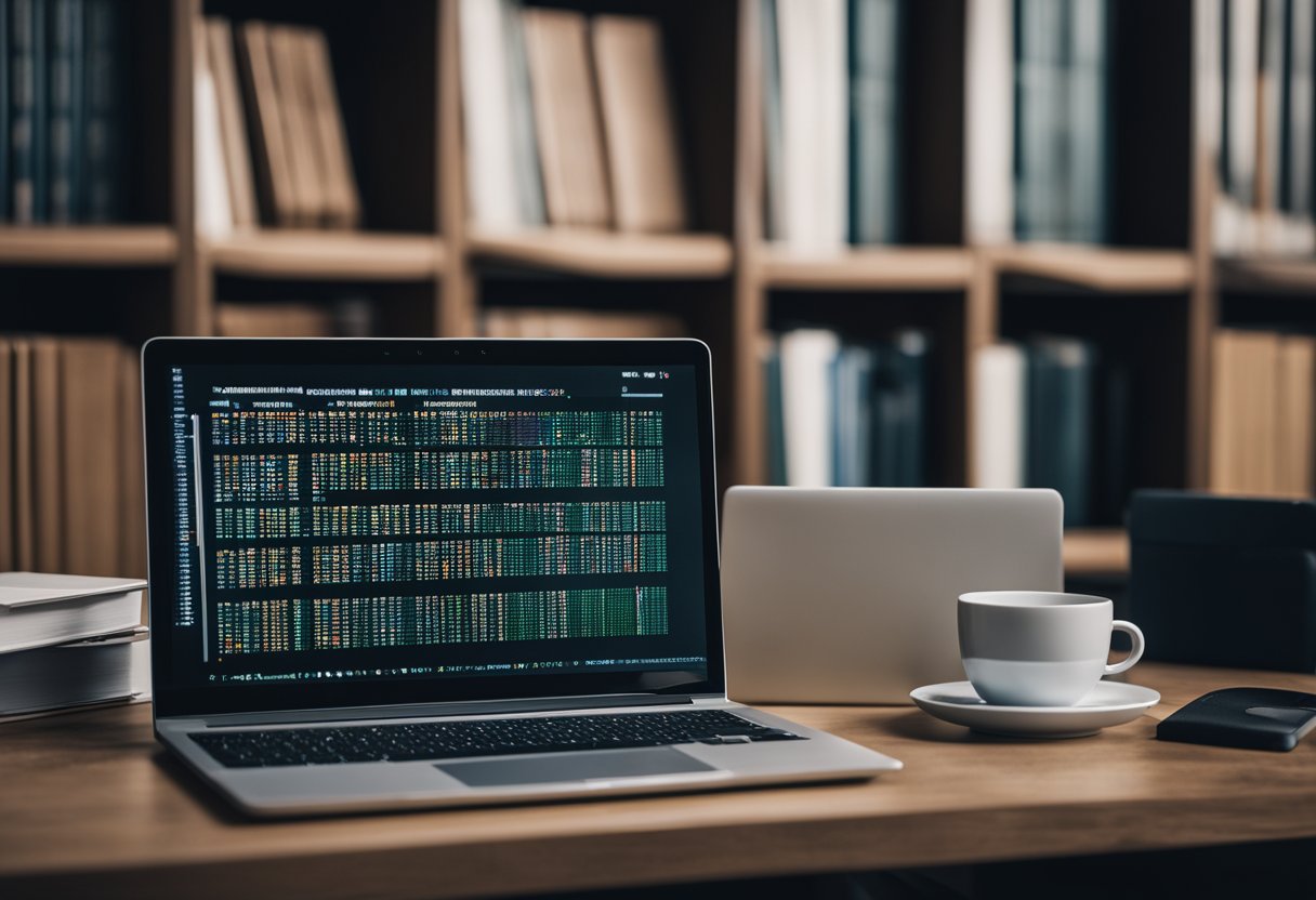 A laptop displaying code, a whiteboard with database schema, and a stack of Java books on a desk