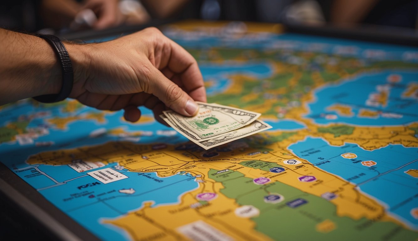 A colorful Louisiana map with sports venues and betting locations marked. A hand placing a bet ticket at a sportsbook