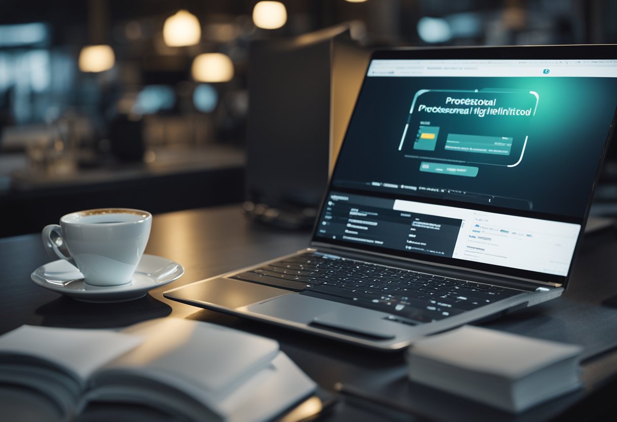 A laptop with code on screen, surrounded by coffee mug, notepad, and programming books