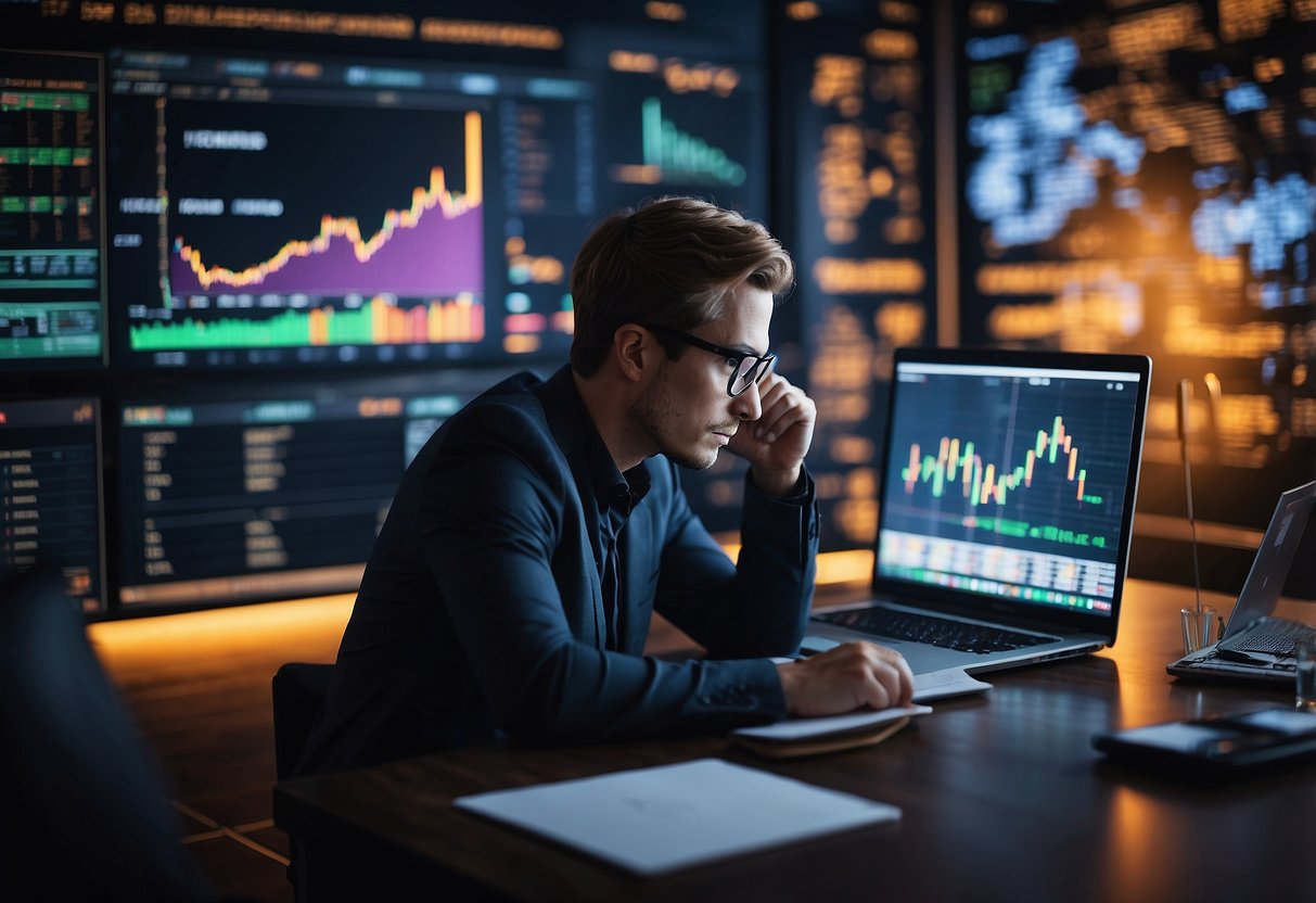 A person studying cryptocurrency investment psychology, surrounded by charts, graphs, and digital currency symbols