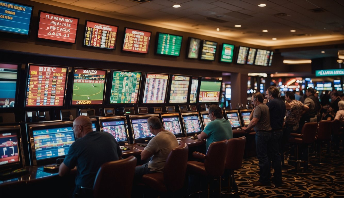 Customers placing sports bets at Louisiana casinos and retail locations. Odds displayed on screens. Excitement and anticipation in the air