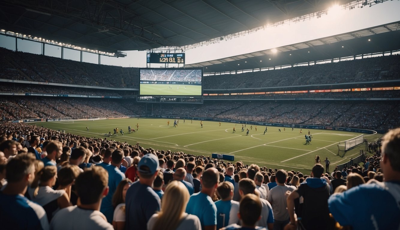 A crowded sports stadium with cheering fans, a large electronic betting board, and a local sports team playing on the field