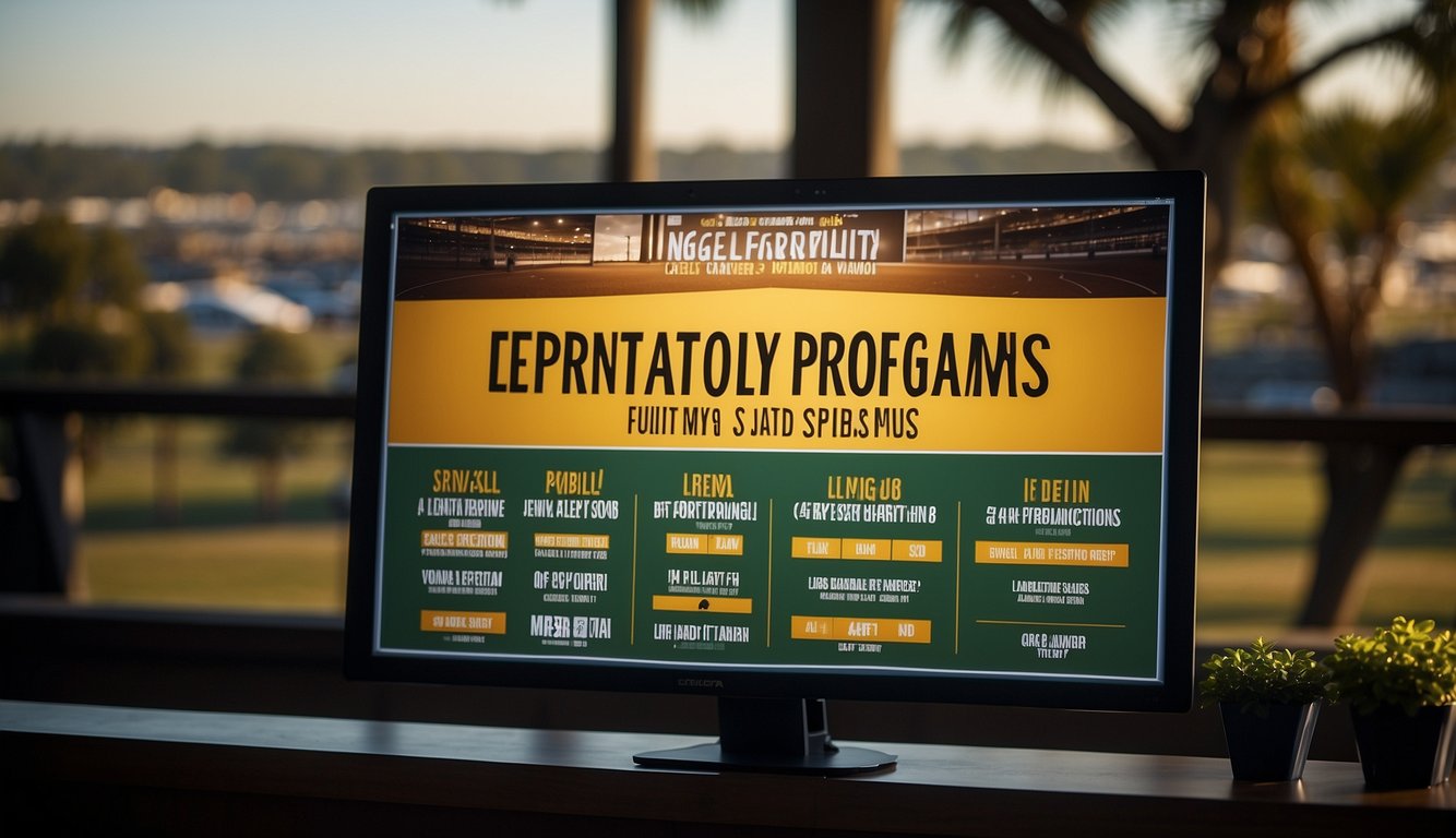 A sportsbook sign with "Loyalty Programs and Promotions" displayed, set against a Louisiana backdrop with legal language