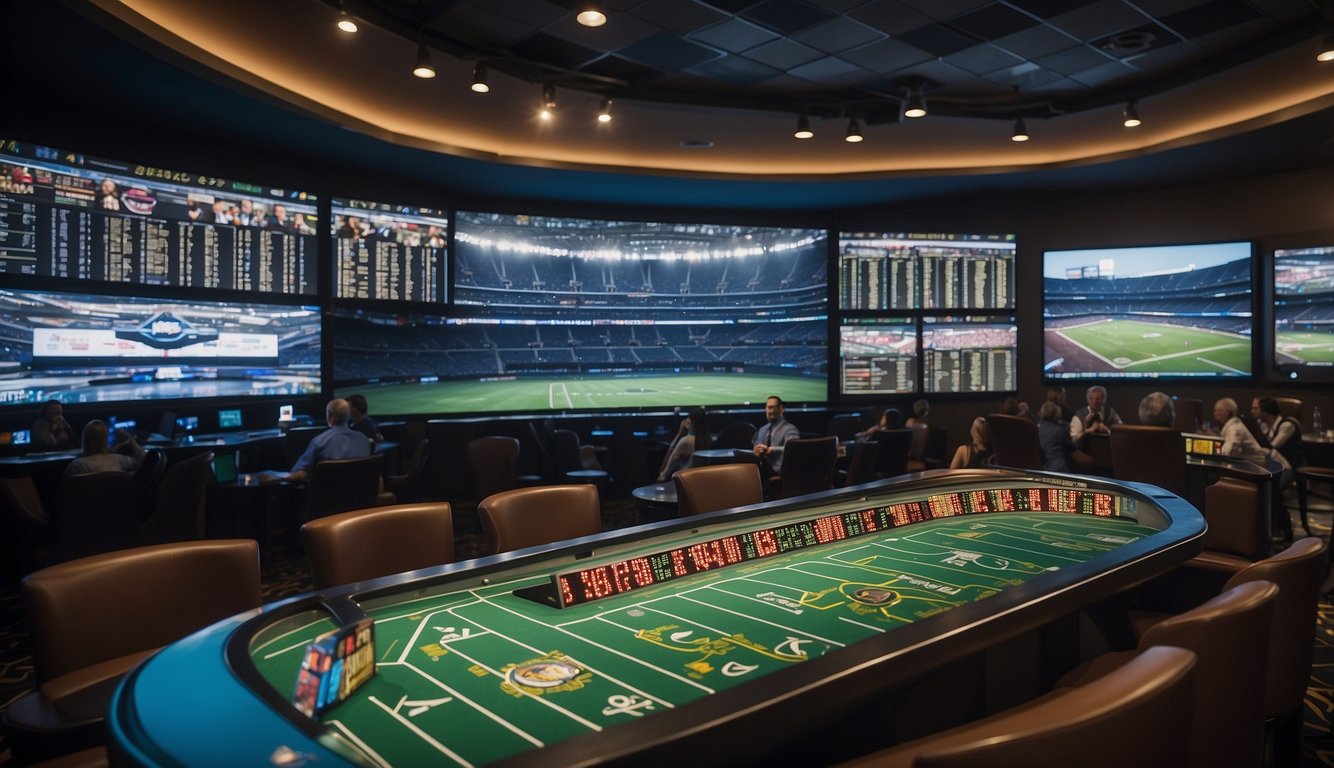 A sportsbook with a large LED display showing odds and statistics, surrounded by enthusiastic fans placing bets and cheering for their teams