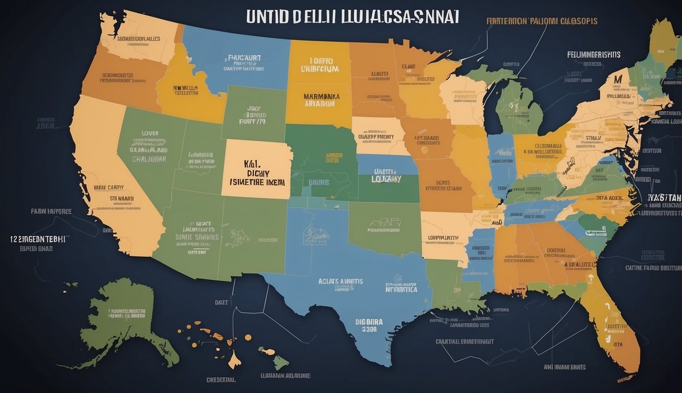 A map of the United States with Louisiana highlighted, surrounded by other states with sports betting legality status indicated