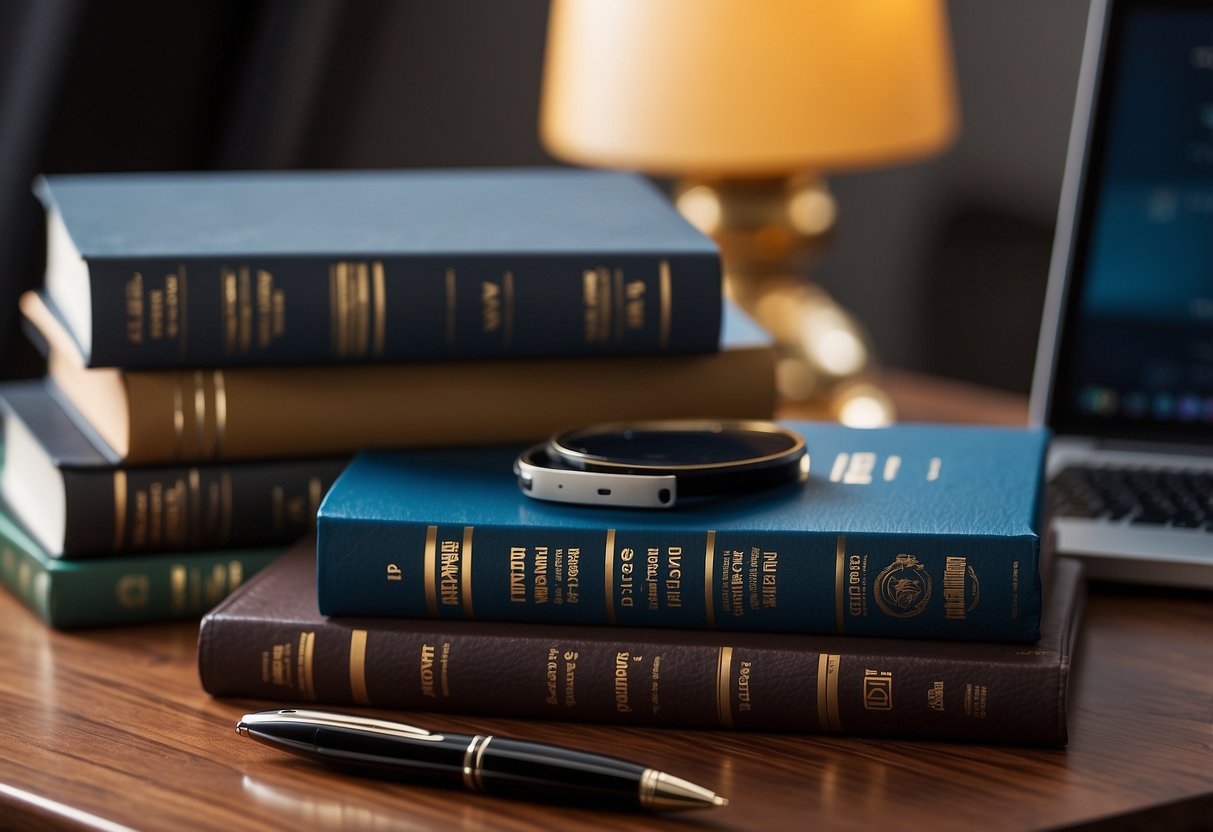 A stack of blockchain and cryptocurrency certification books on a desk with a laptop and pen nearby