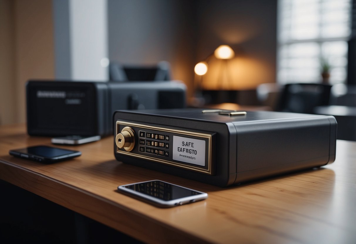 A safe with a digital lock sits on a sturdy desk. A fireproof box is nearby, labeled "emergency crypto backup." A person is typing a recovery phrase into a secure digital wallet