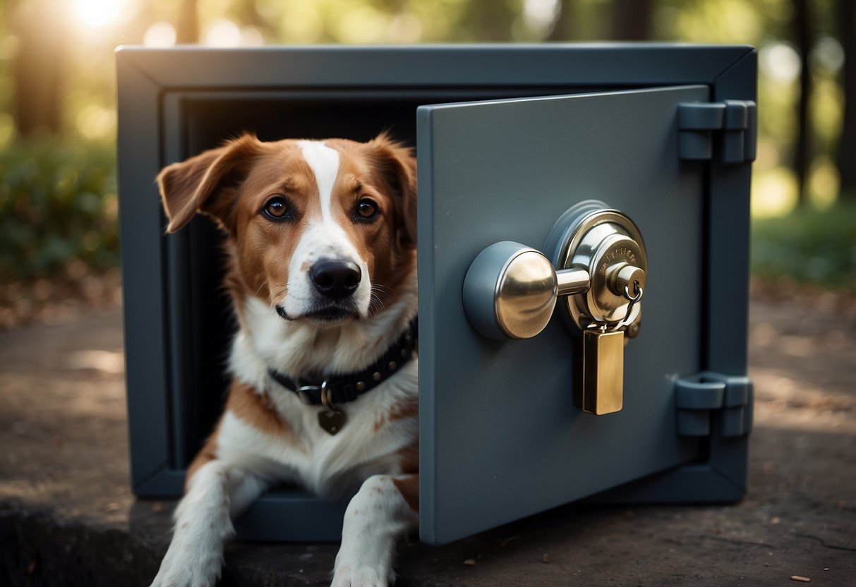 A secure safe with a lock and key, surrounded by a shield and guarded by a vigilant dog