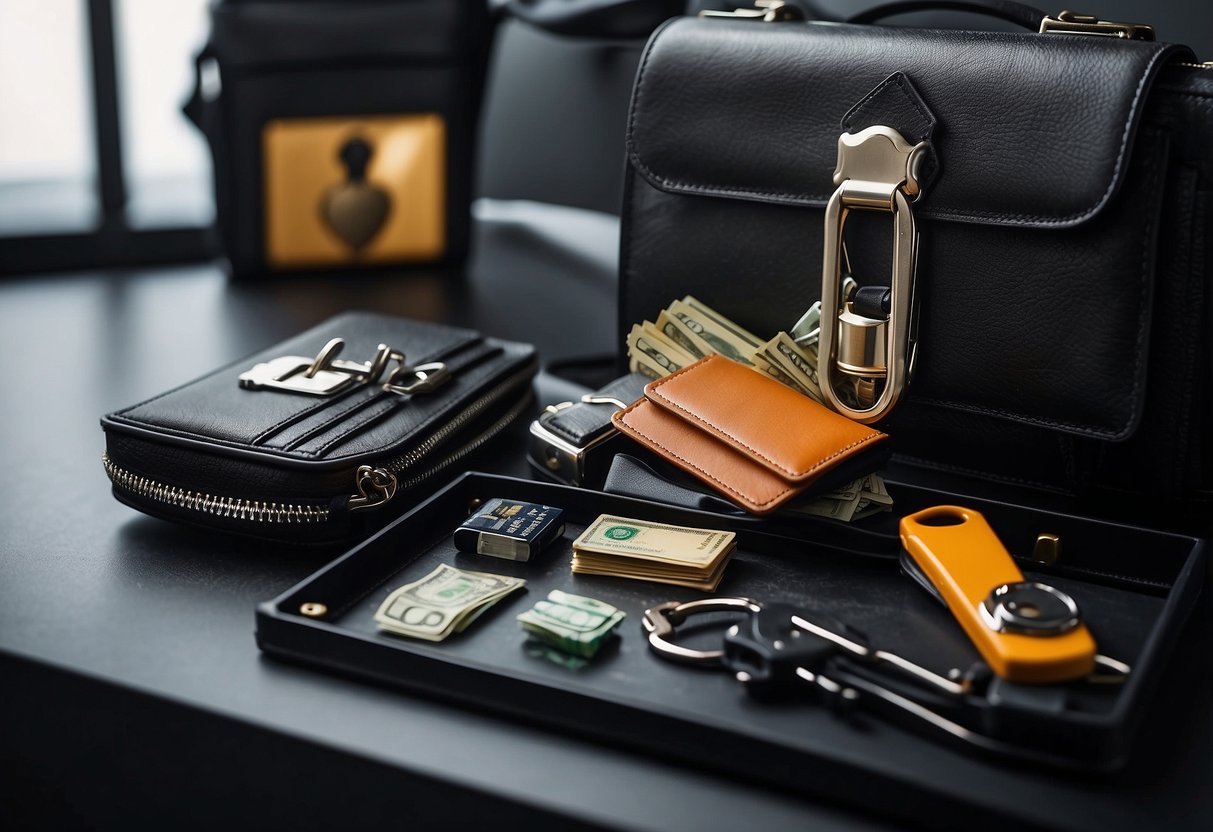 A secure wallet surrounded by a protective shield, with a lock and key, shielded by a strong vault, and surrounded by emergency supplies