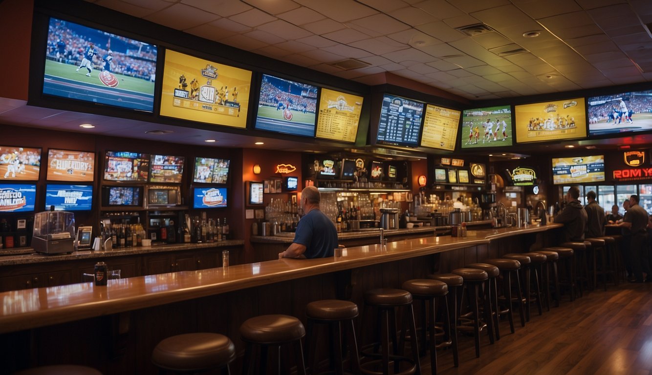 A bustling sports bar with Maryland team memorabilia, a large TV displaying odds, and patrons eagerly placing bets at the counter