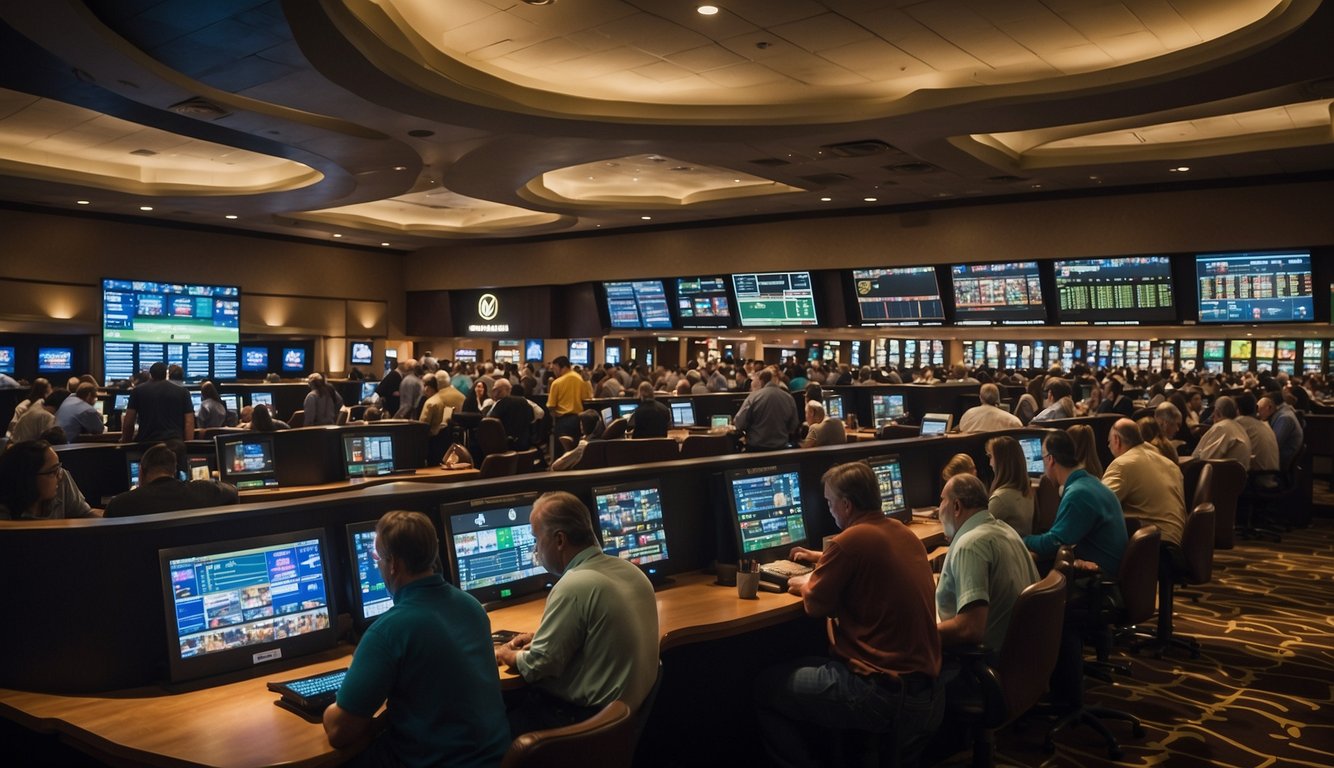 A bustling sportsbook in Maryland with eager bettors placing wagers at the counter and watching live games on big screens