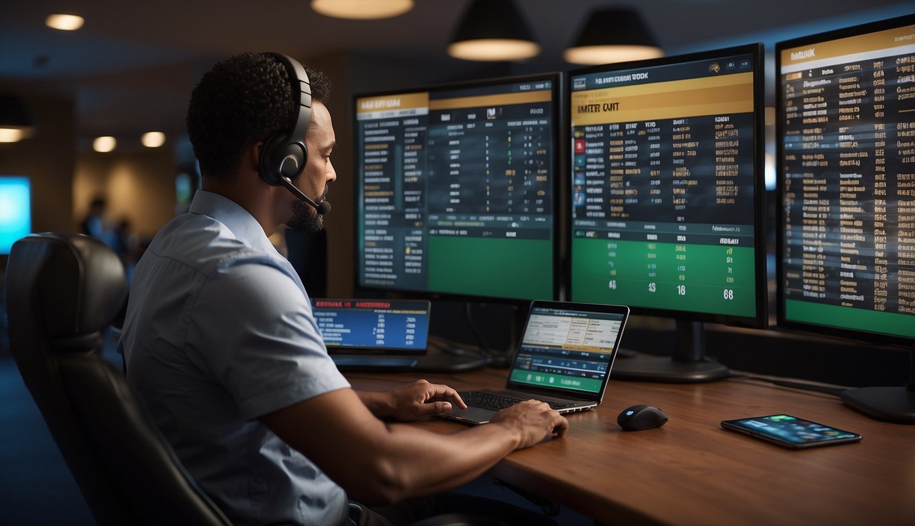 A customer service representative assists a user with a sports betting query in Maryland. The user's screen displays legal information