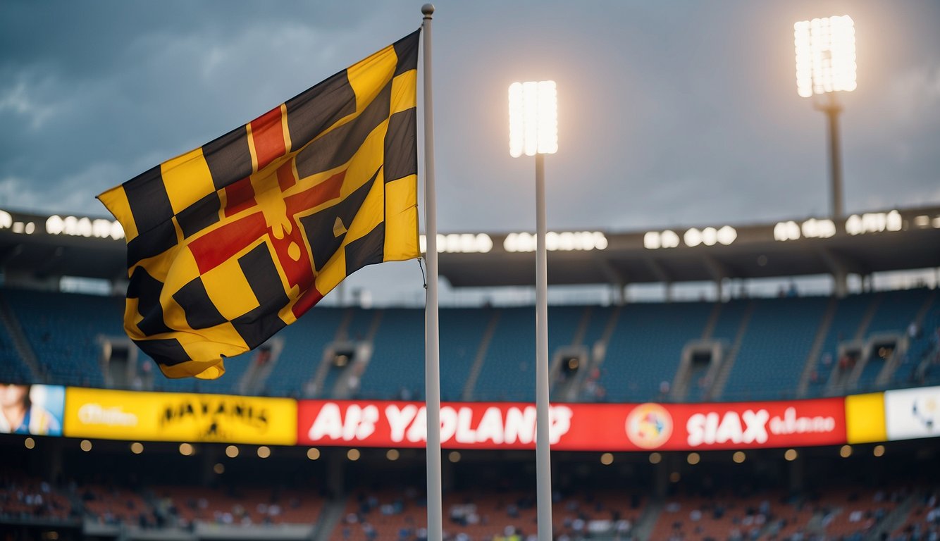 A Maryland flag flying high above a sports stadium, surrounded by signs promoting responsible gambling and player safety