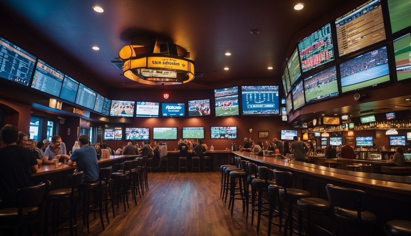 A bustling sports bar in Maryland displays multiple screens showing live sports events with betting odds and excited patrons placing bets at the counter