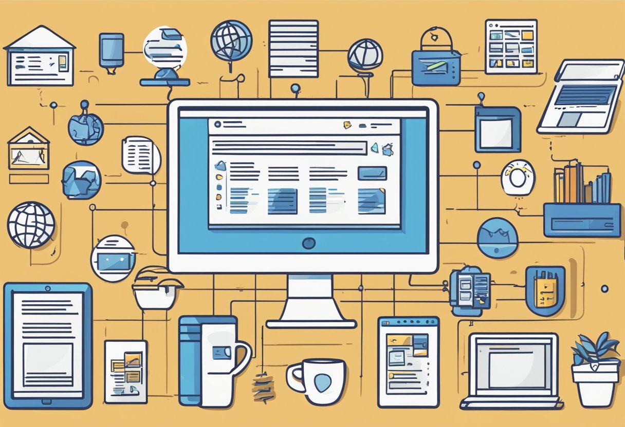 A computer screen displays 10 steps to create a website, surrounded by icons of web hosting providers. A notebook with sketches of website layouts sits next to a cup of coffee