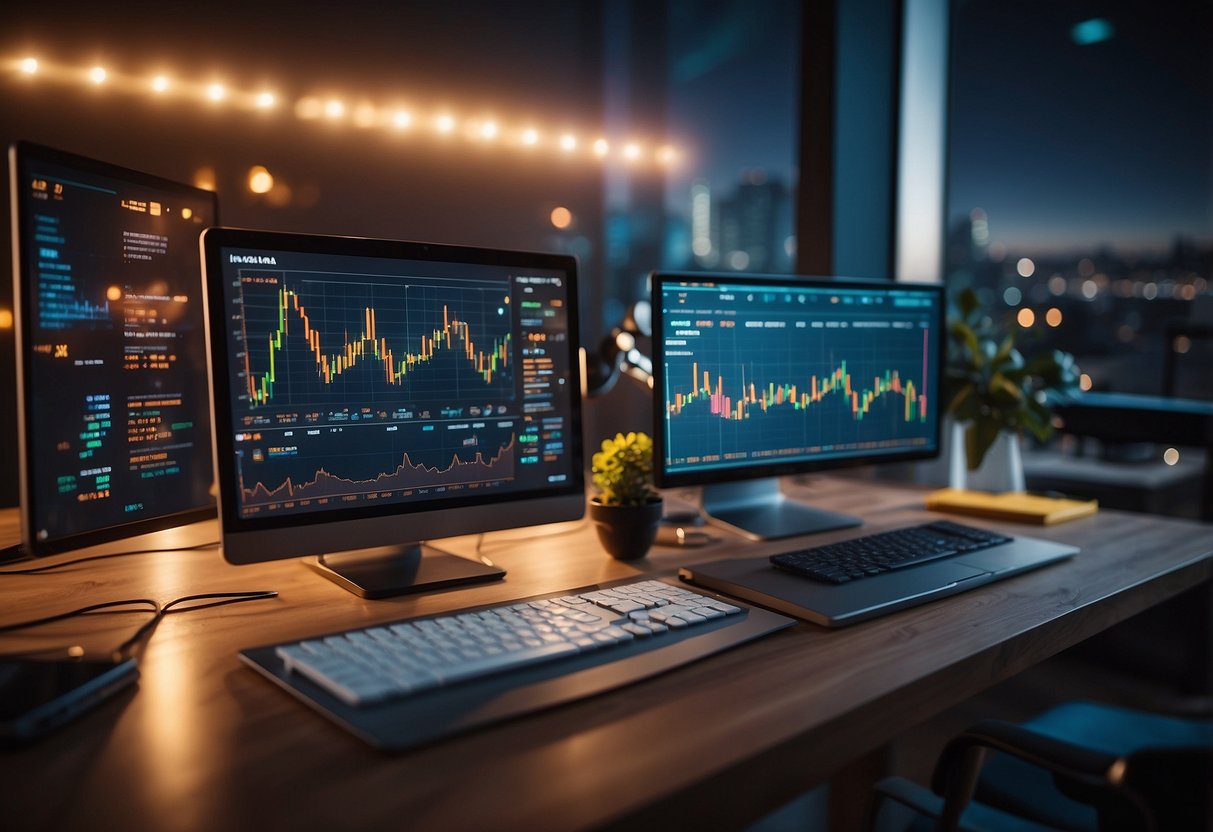 A computer screen displaying fluctuating cryptocurrency prices, surrounded by emotive emojis and charts