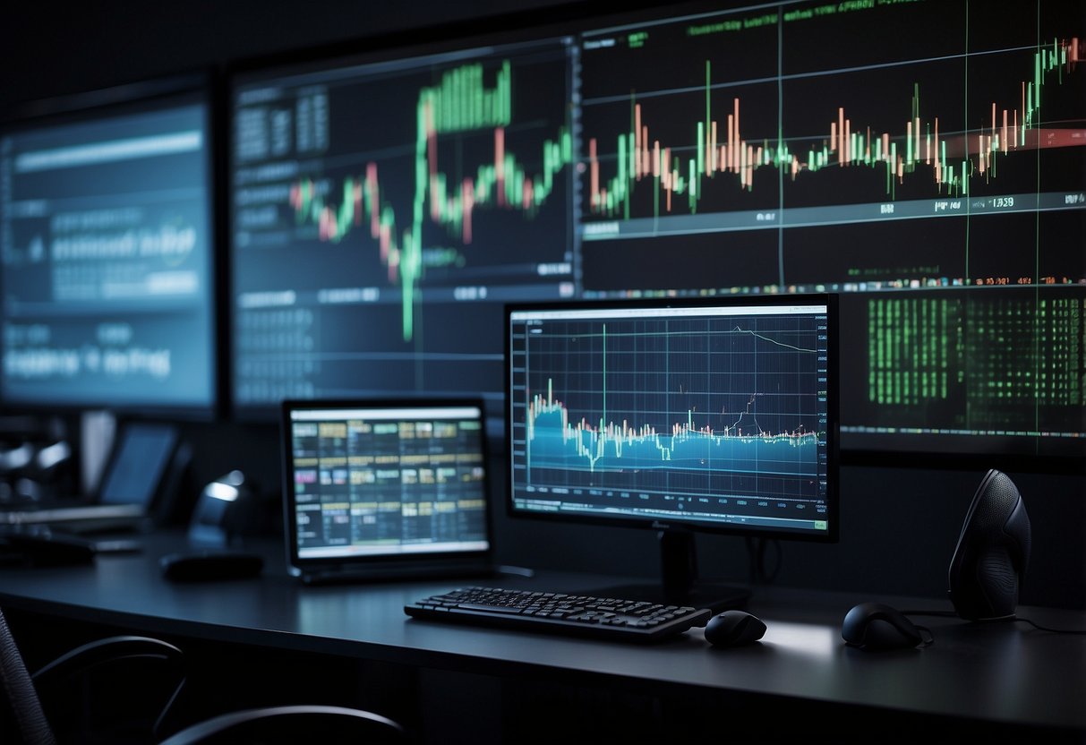 A computer screen displays fluctuating cryptocurrency prices, while a graph shows emotional sentiment affecting market trends