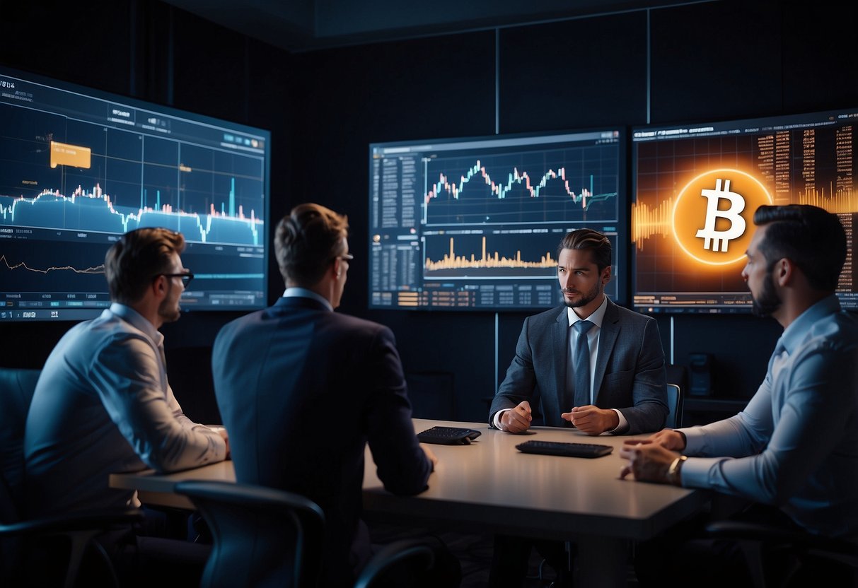 A group of investors closely watching cryptocurrency market charts, displaying a mix of excitement, fear, and anticipation