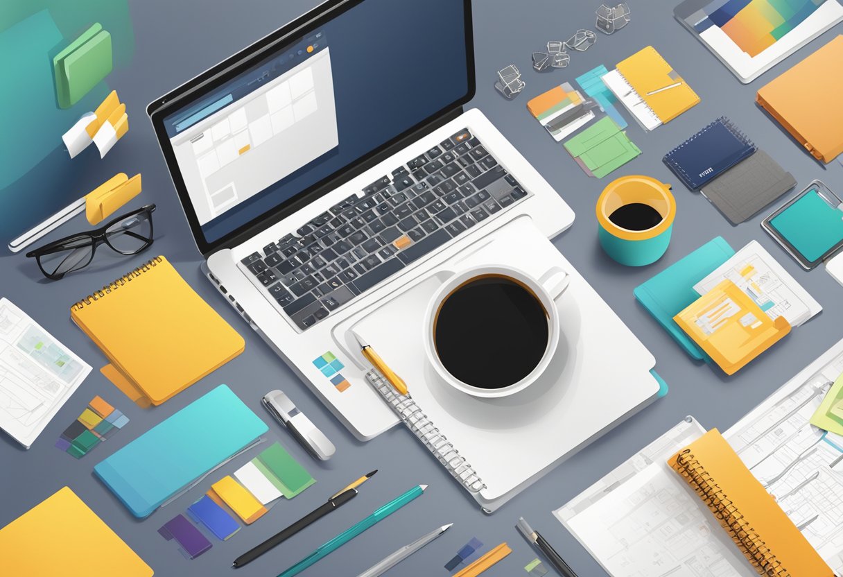 A laptop with a website design software open, surrounded by a notepad, pen, coffee mug, and various web design elements like icons and color swatches