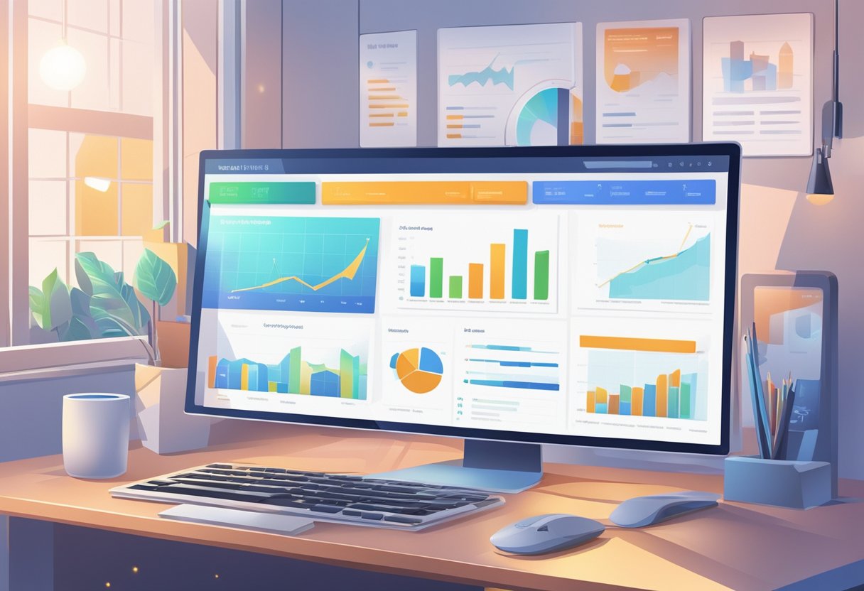 A computer screen displaying website analytics with 10 tips listed. A desk with a keyboard and mouse. Bright light illuminating the workspace