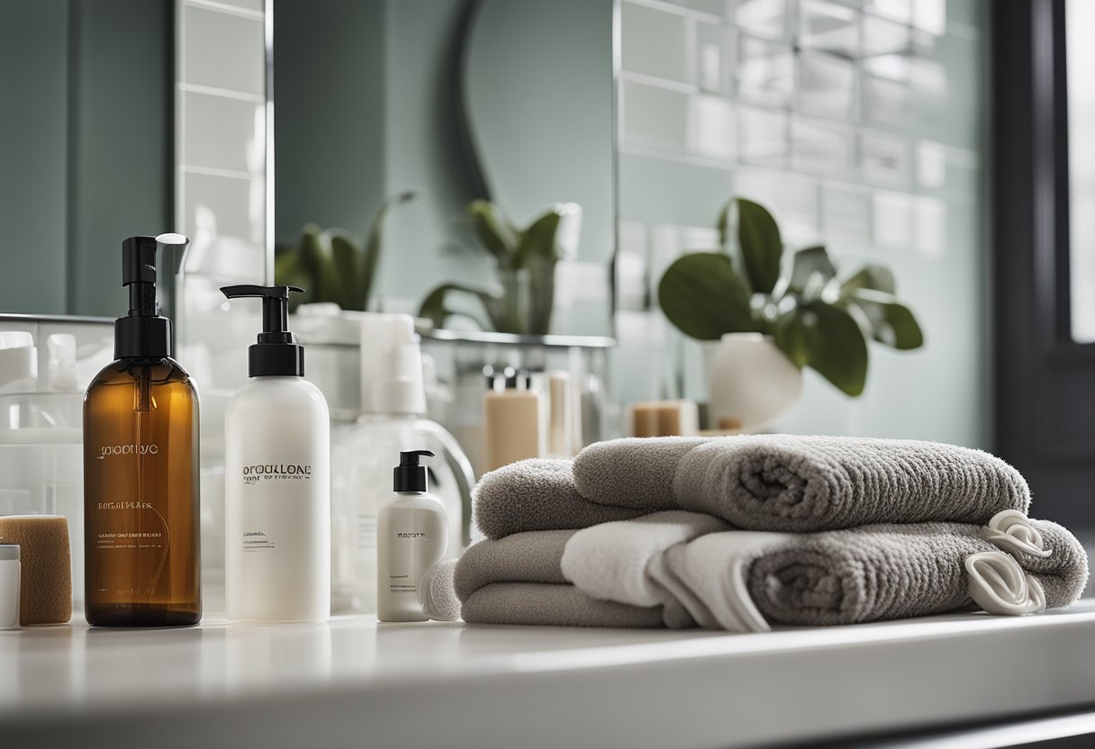 A hand reaching for a bottle of hydrating hair product, surrounded by various hair care items like combs and towels on a bathroom countertop