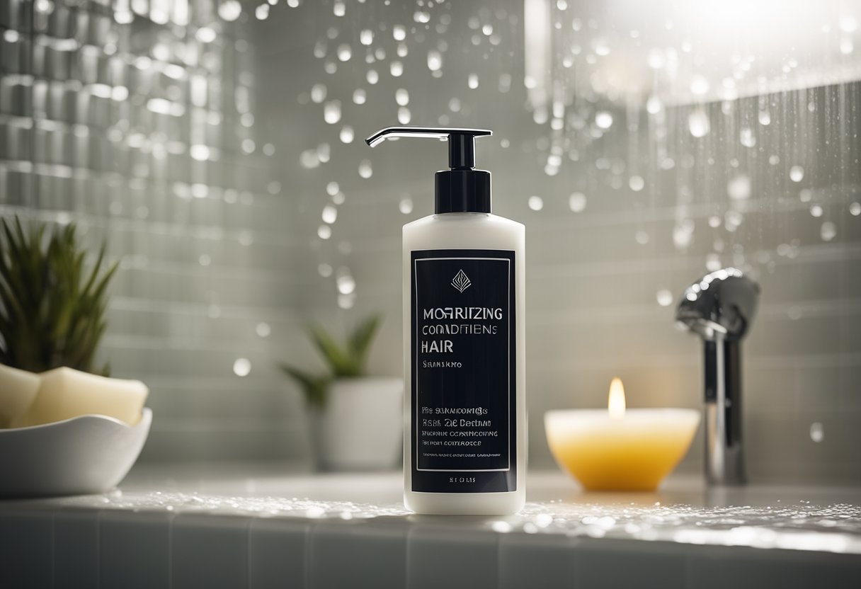 A bottle of moisturizing hair conditioner sits next to a shower with steam rising, indicating a hot and humid environment