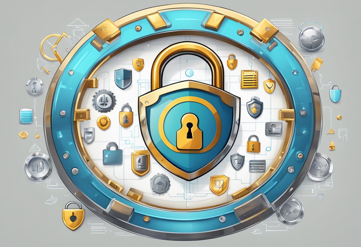 A padlock icon surrounded by a shield with 10 security features floating around it