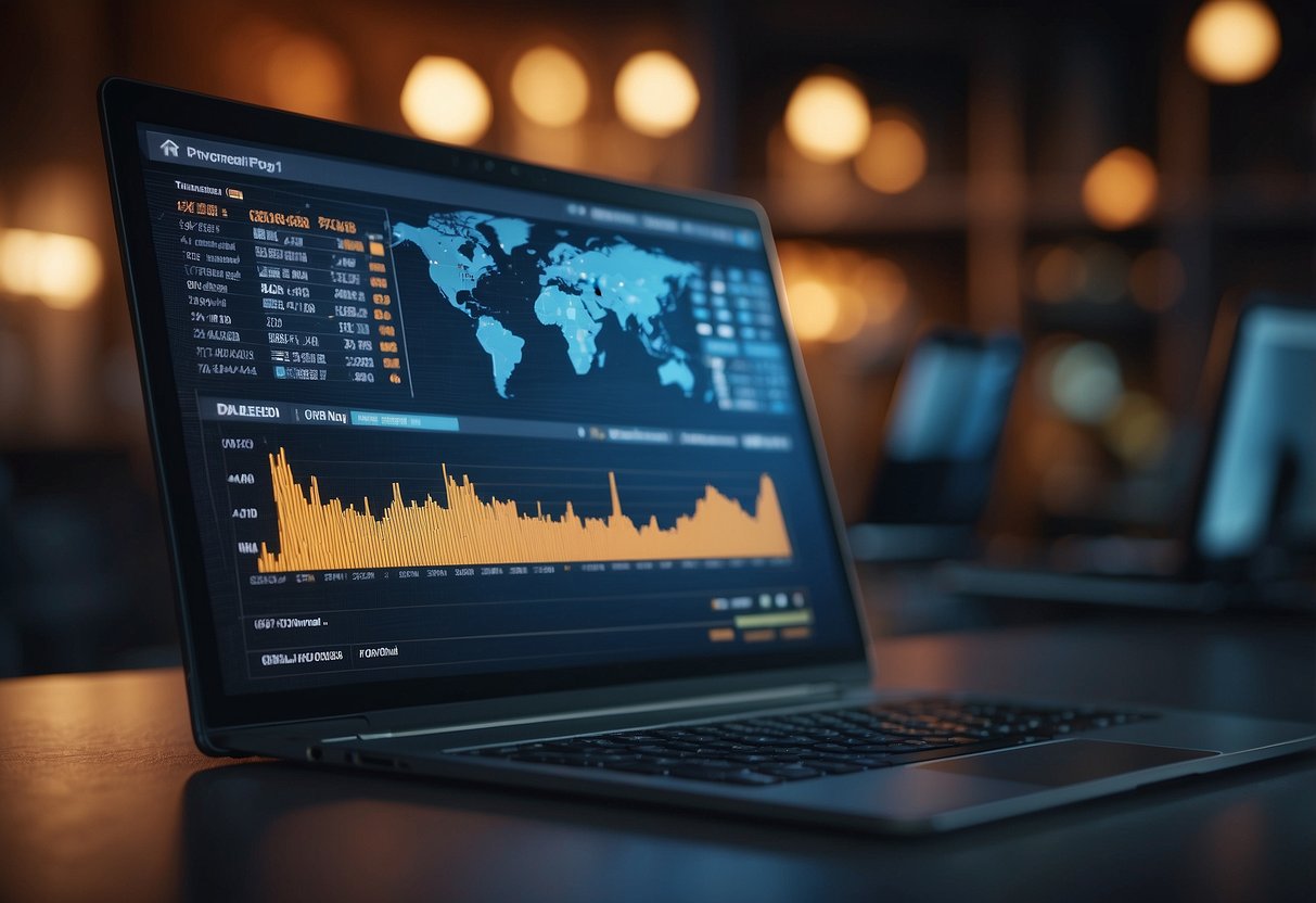 A computer screen displays cryptocurrency transactions, while a digital wallet hovers above, symbolizing the impact of cryptocurrencies on online business