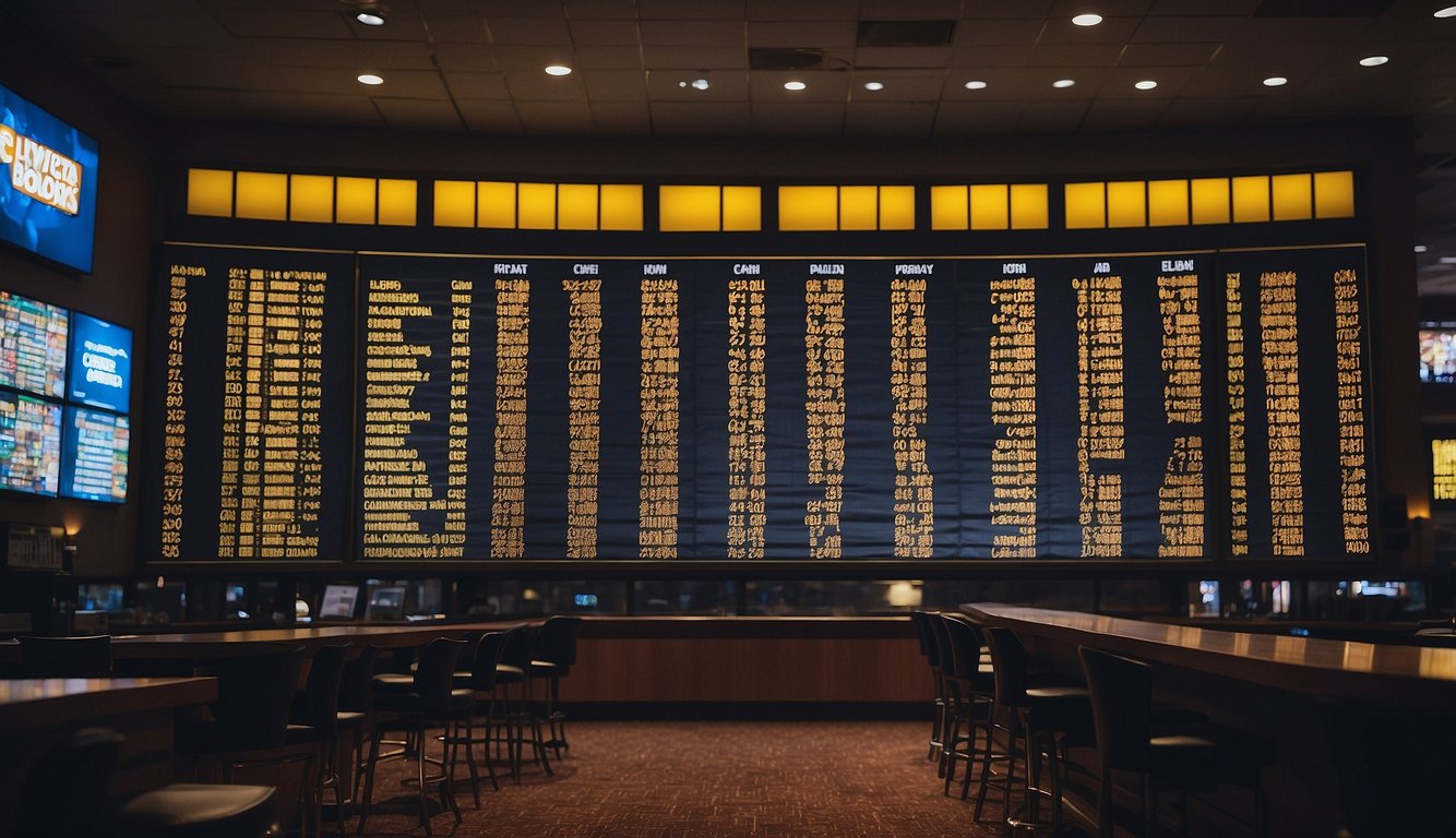 A sportsbook sign with "Legal in Michigan" displayed. Odds board in background