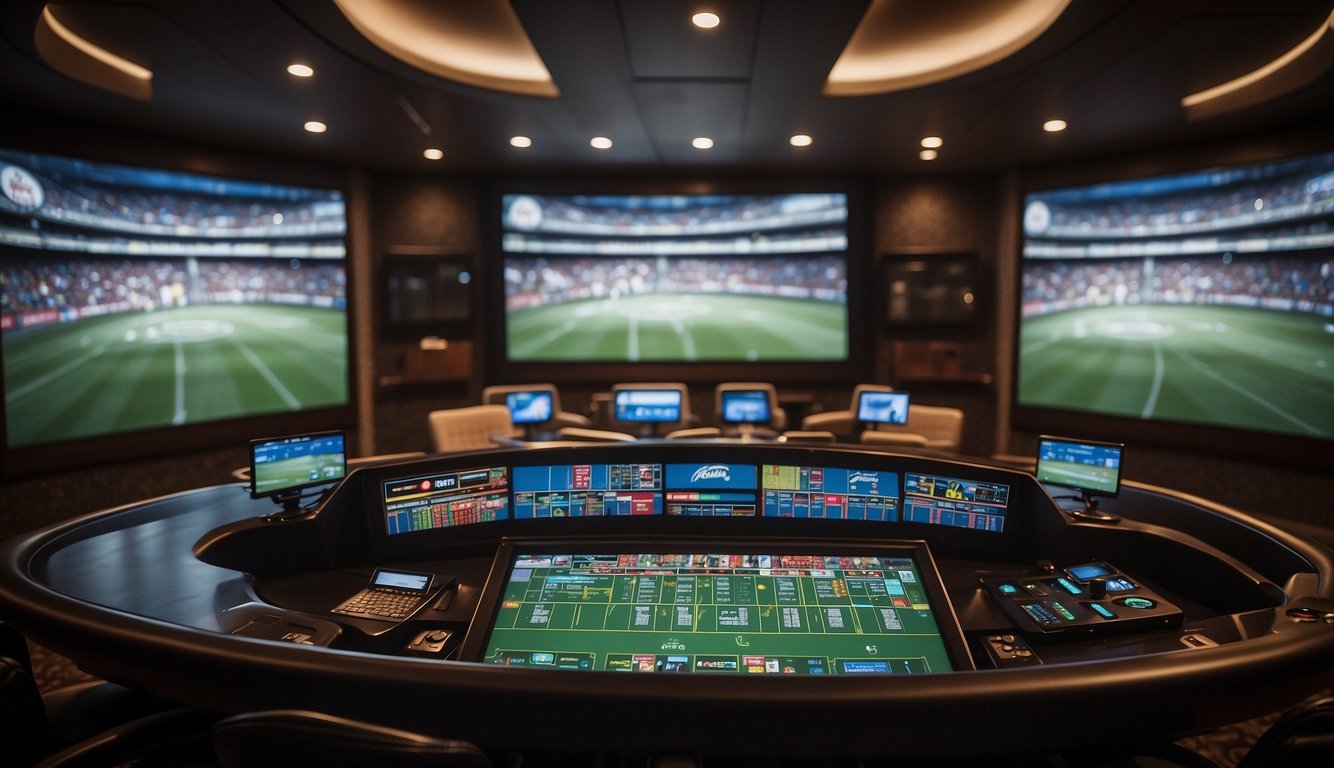 A sportsbook with various betting options, including online and in-person, displayed on screens and posters