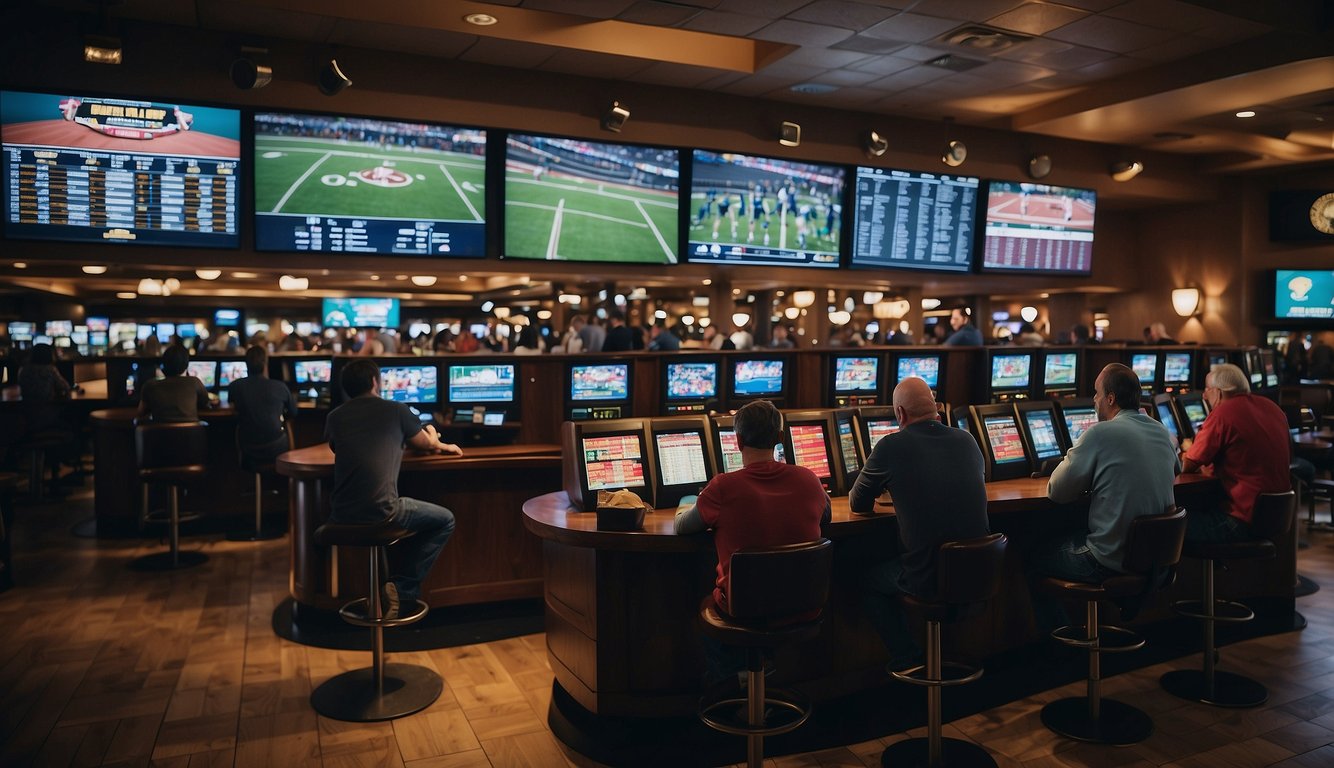 A bustling sportsbook in Michigan with colorful screens displaying odds and scores, patrons placing bets at the counter and cheering for their teams